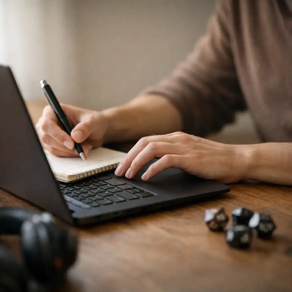 Osoba pracująca nad tekstem przy laptopie w spokojnym otoczeniu