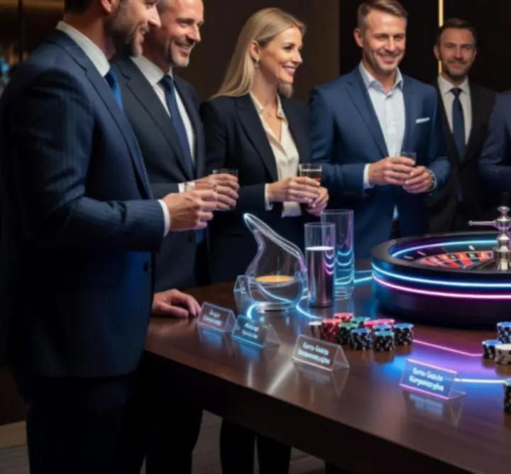 Stół eventowy podczas firmowego wydarzenia z neonową oprawą i elegancką scenografią