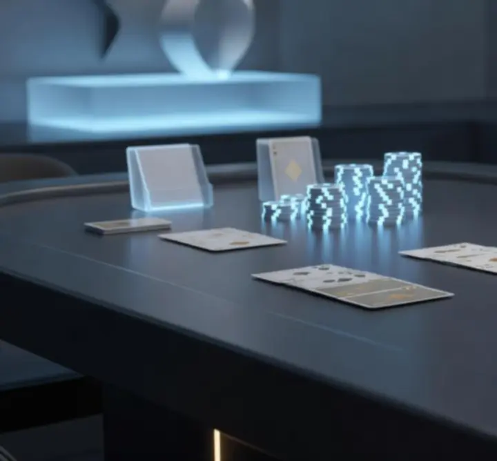 Futurystyczna scenografia pokerowa z neonowymi akcentami i szklanymi detalami