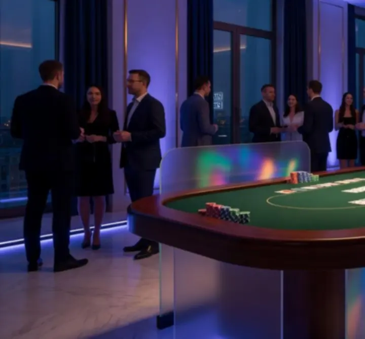 Elegancki stół pokerowy z kartami, żetonami i nastrojowym oświetleniem podczas eventu offline