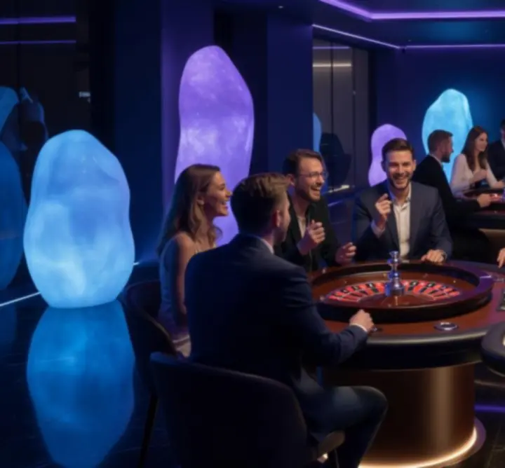 Stół do ruletki i blackjacka otoczony gośćmi podczas eleganckiego wydarzenia 