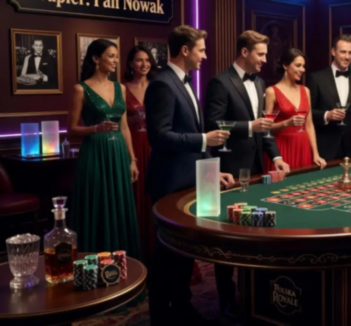Elegancka, tematyczna scenografia ruletki i blackjacka w stylu glamour podczas wydarzenia 